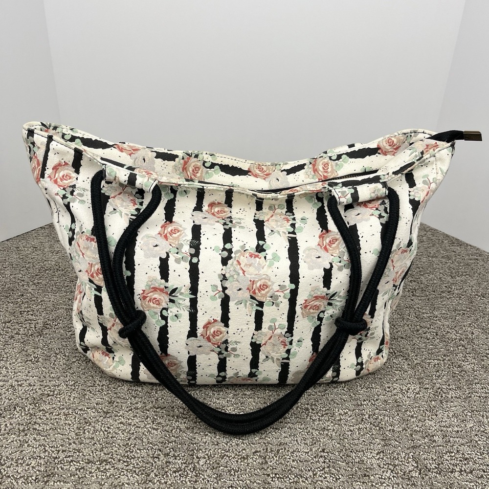 Farmhouse Is My Style Off White Floral Tote‎ Bag Black Rope Handles Zipper Purse - Picture 6 of 10